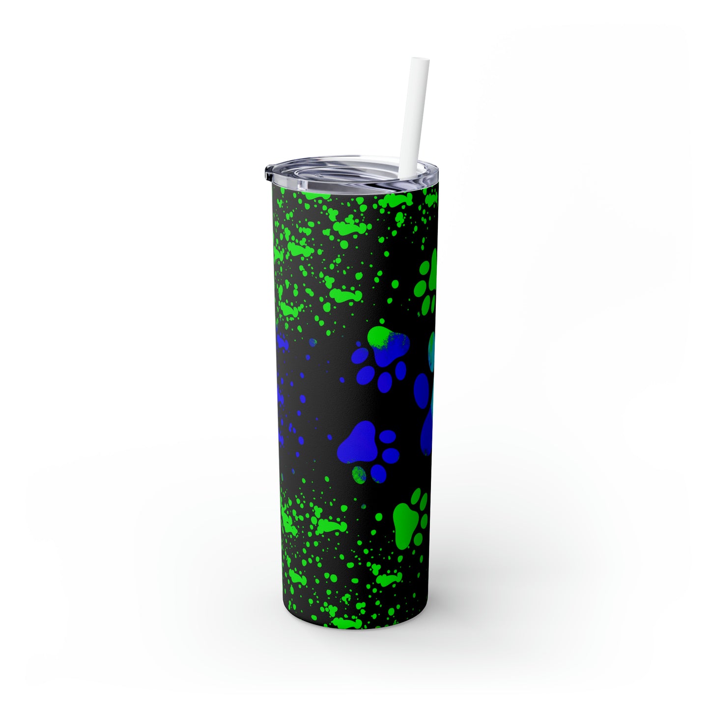 Blue Green Paw Print - Skinny Tumbler with Straw, 20oz