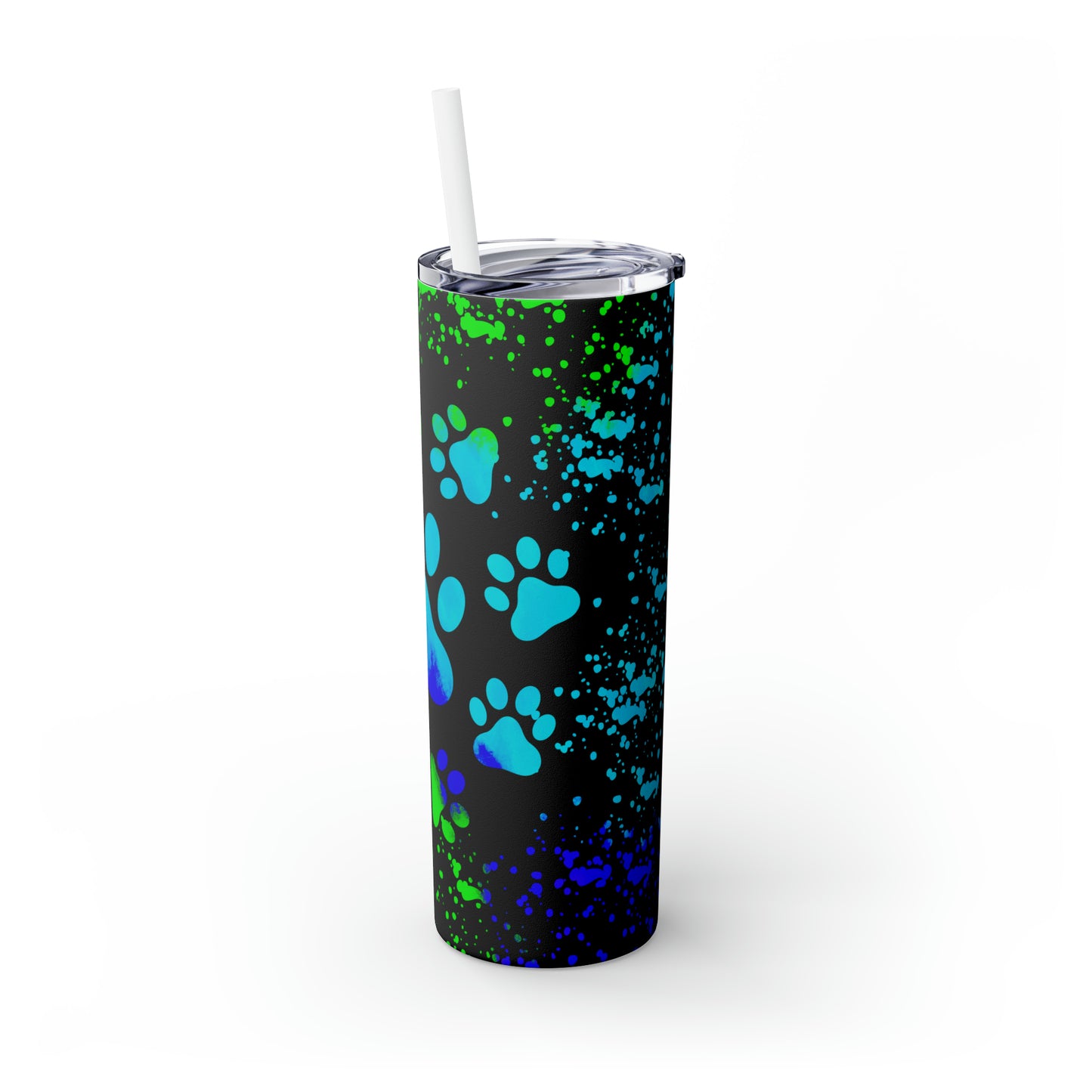 Blue Green Paw Print - Skinny Tumbler with Straw, 20oz