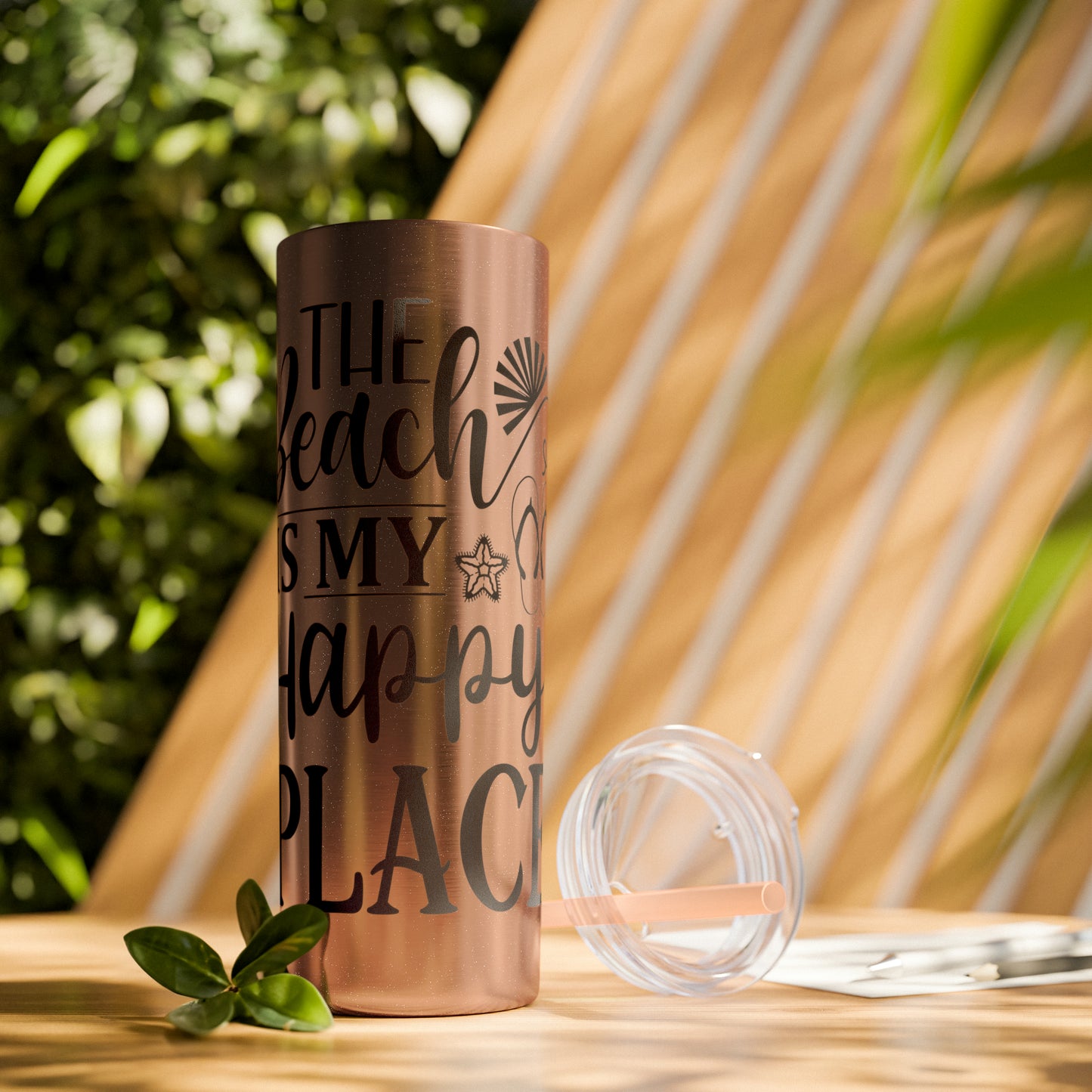 The beach is my happy place-Skinny Tumbler with Straw, 20oz