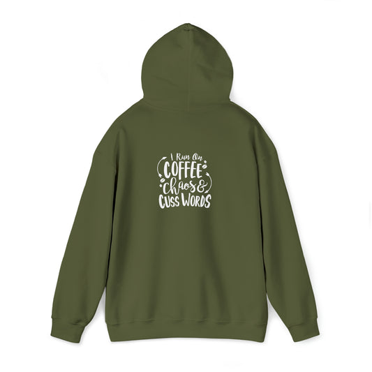 I run off coffee chaos and cuss words- Unisex Heavy Blend™ Hooded Sweatshirt