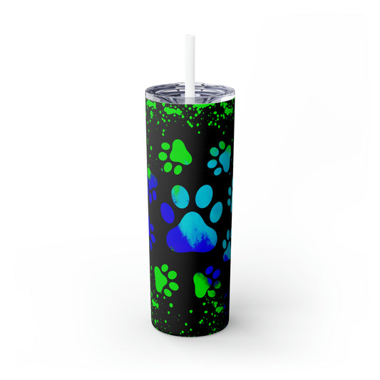 Blue Green Paw Print - Skinny Tumbler with Straw, 20oz