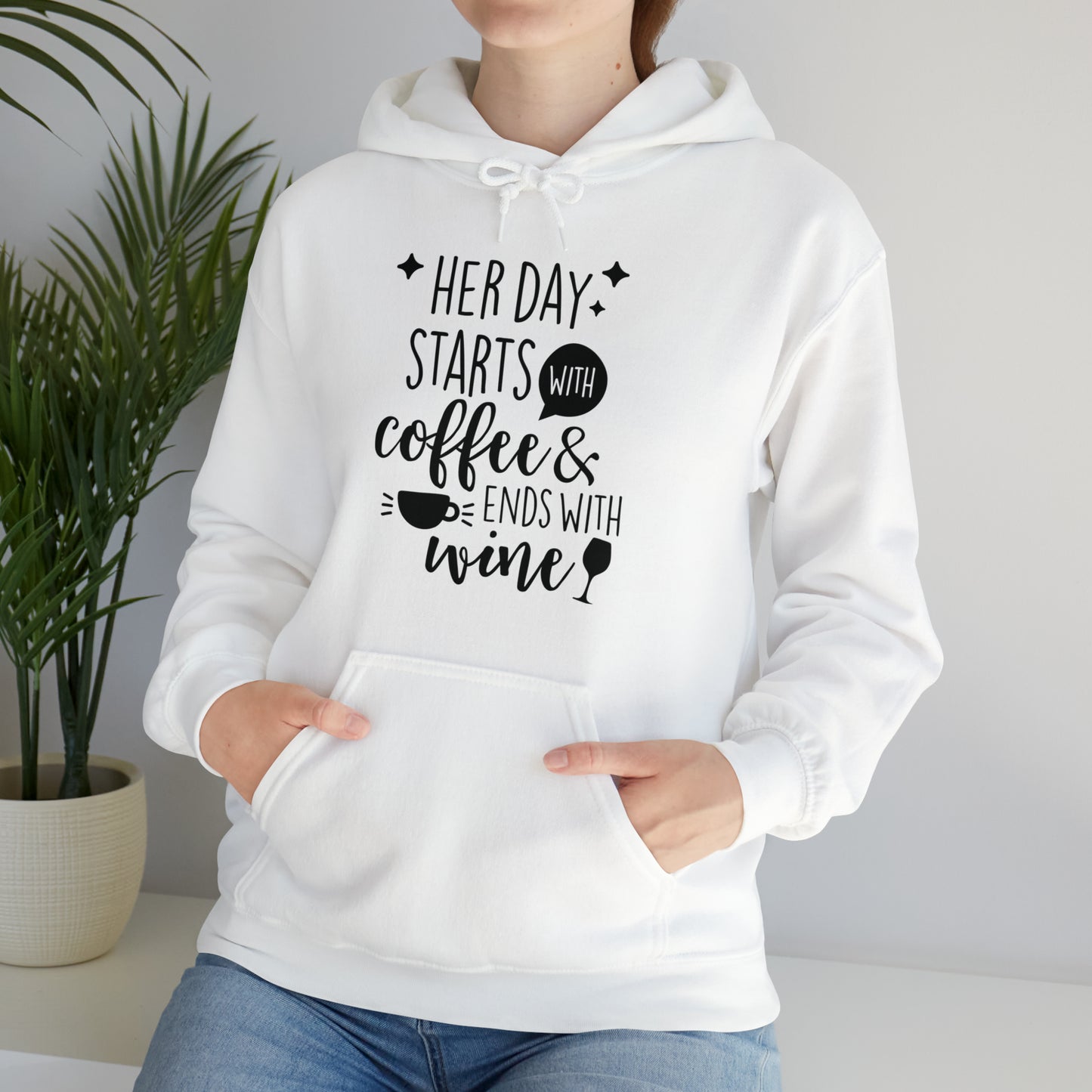 Her day starts with coffee- Unisex Heavy Blend™ Hooded Sweatshirt