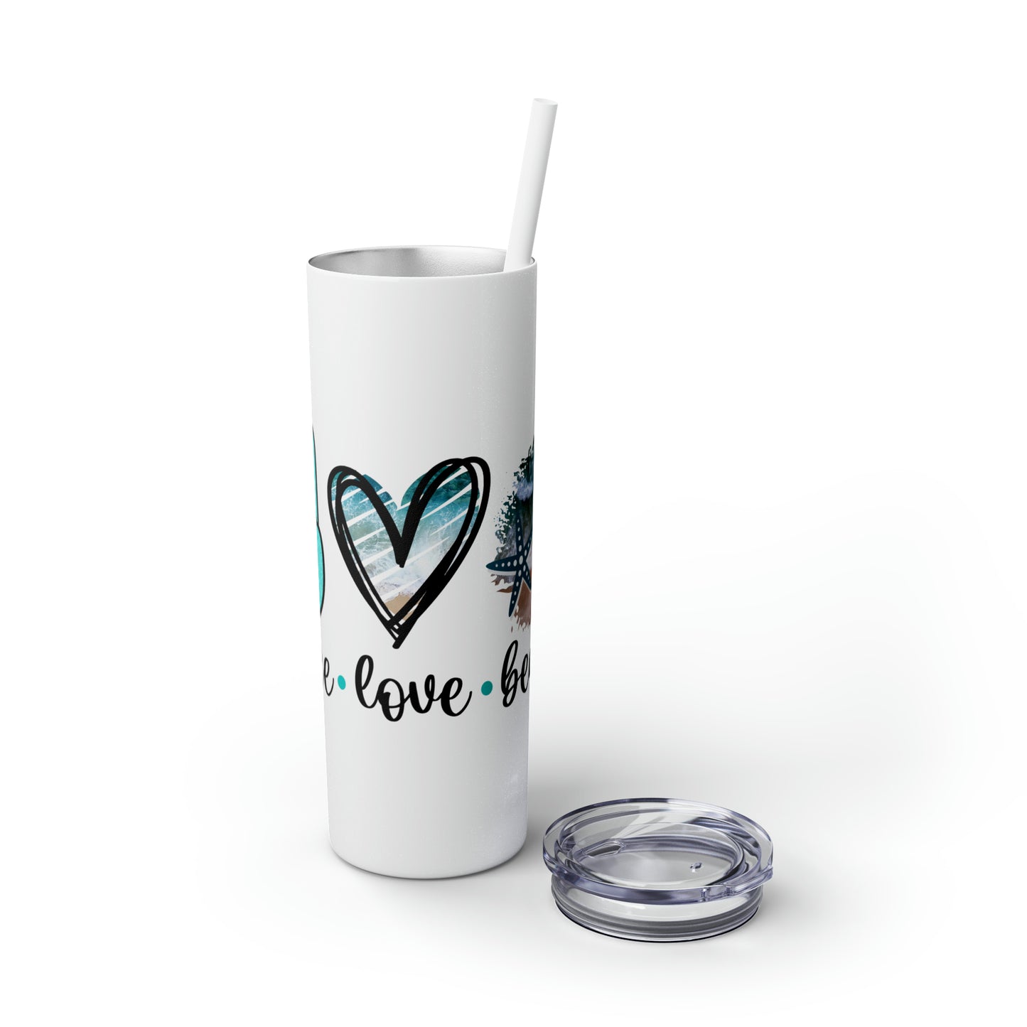 Peace love beach- Skinny Tumbler with Straw, 20oz