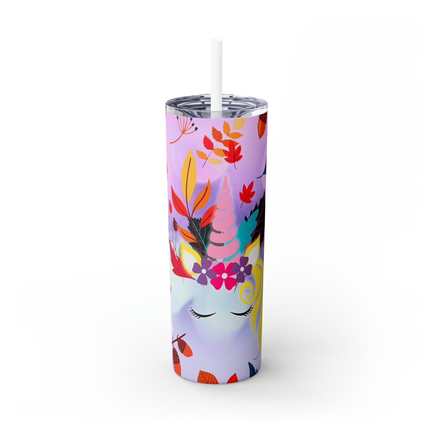 Purple Autumn Unicorn with hair- Skinny Tumbler with Straw, 20oz