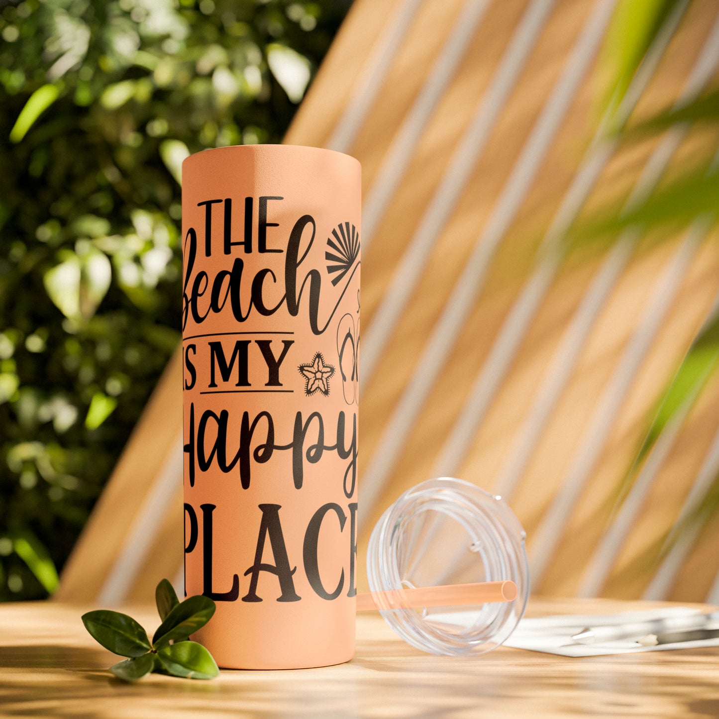 The beach is my happy place-Skinny Tumbler with Straw, 20oz