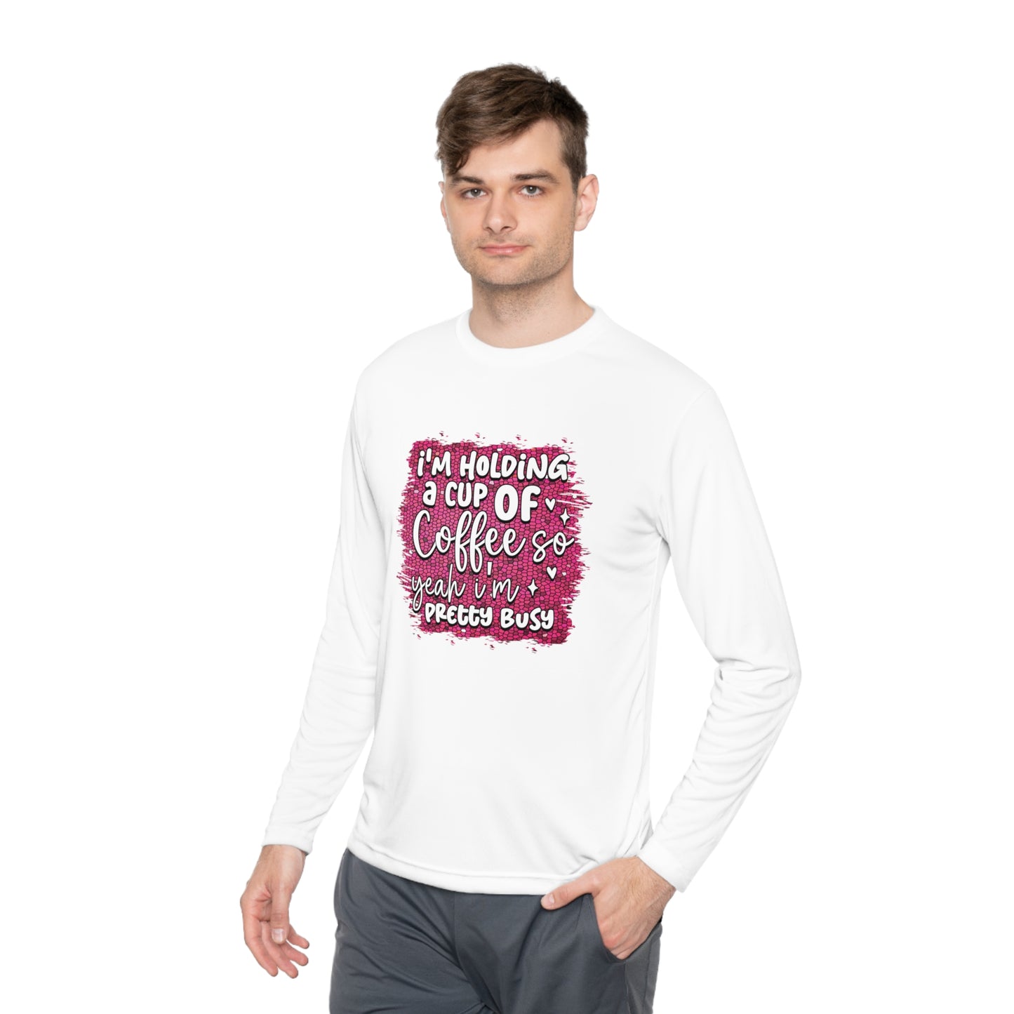 Holding a cup of coffee- Unisex Lightweight Long Sleeve Tee