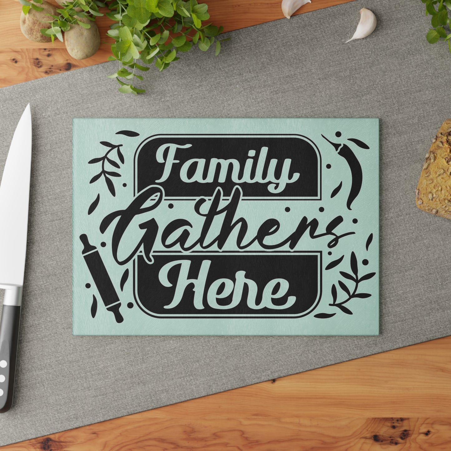 Family Gathers Here- Glass Cutting Board