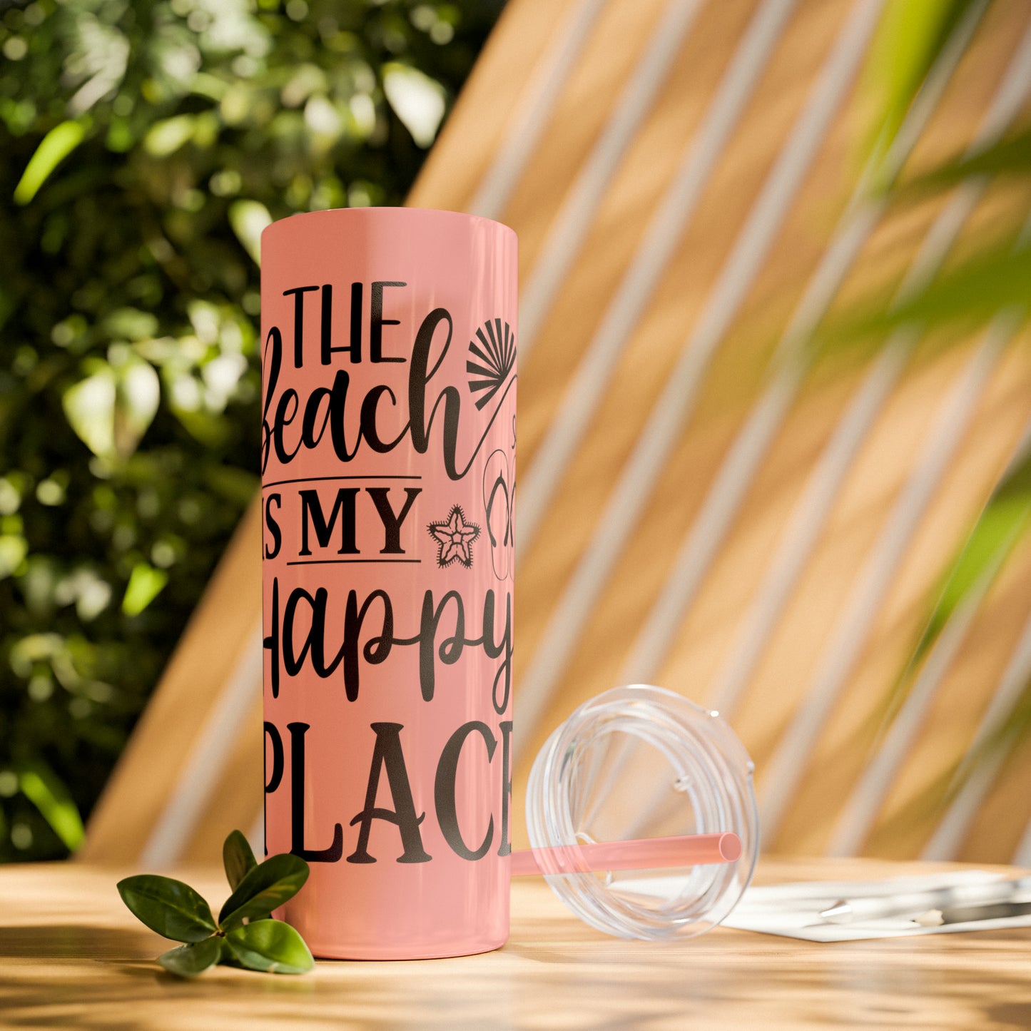 The beach is my happy place-Skinny Tumbler with Straw, 20oz