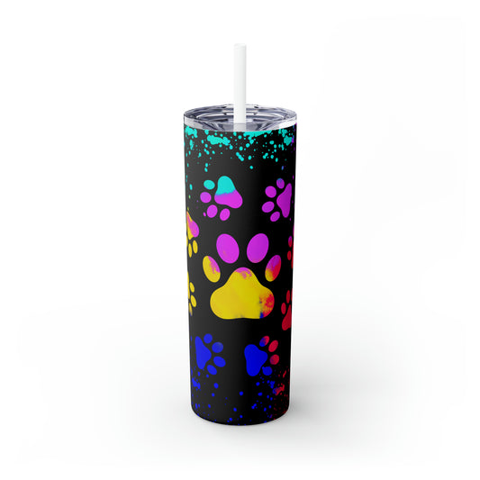 Multi-color Paw- Skinny Tumbler with Straw, 20oz