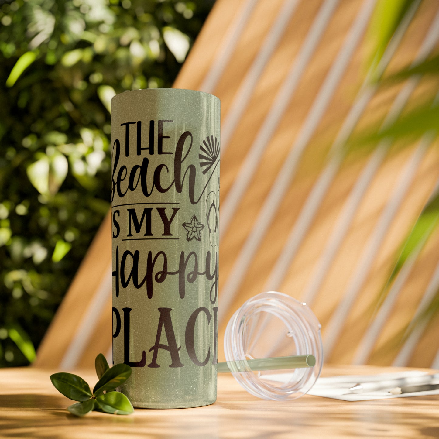 The beach is my happy place-Skinny Tumbler with Straw, 20oz