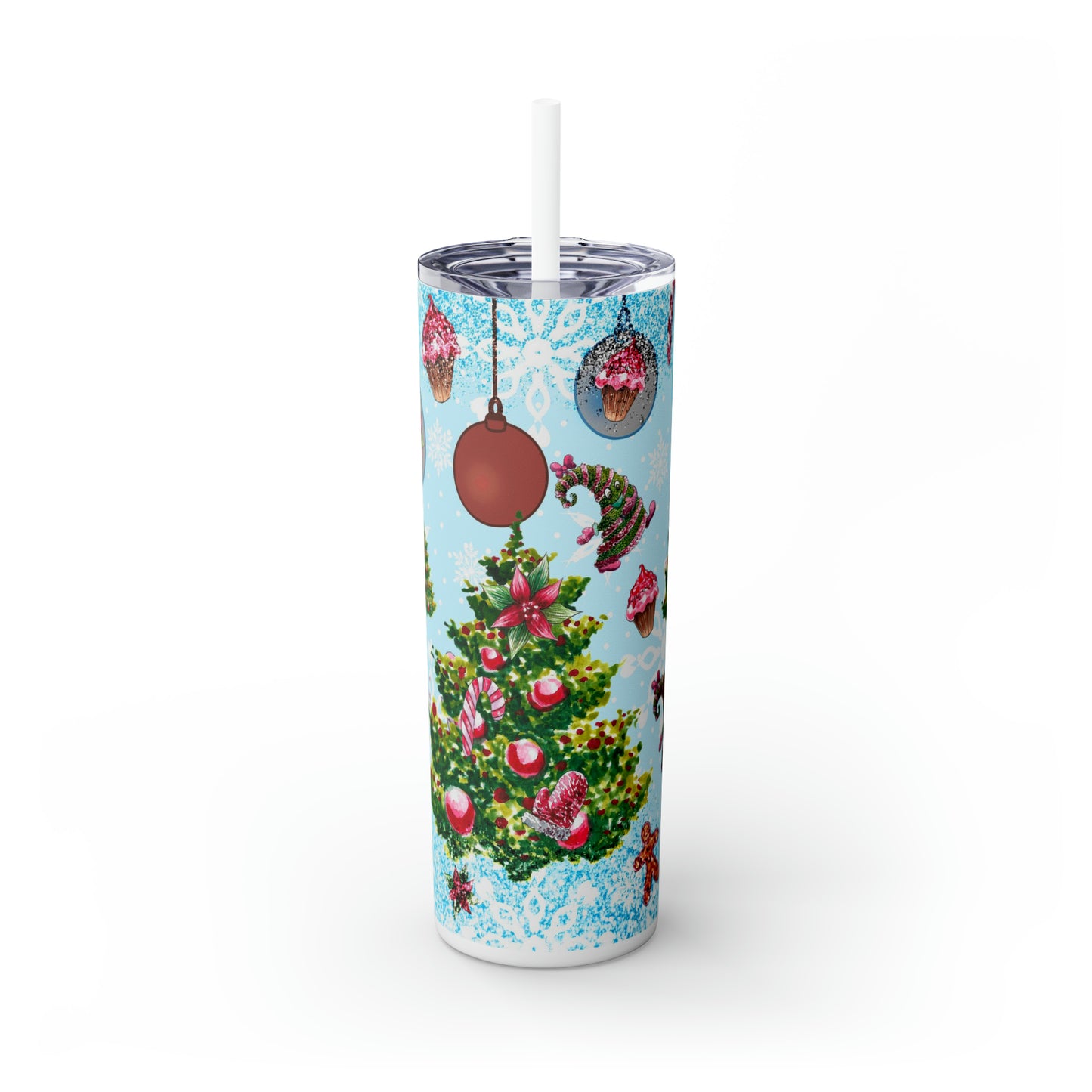 Christmas tree blue-Skinny Tumbler with Straw, 20oz