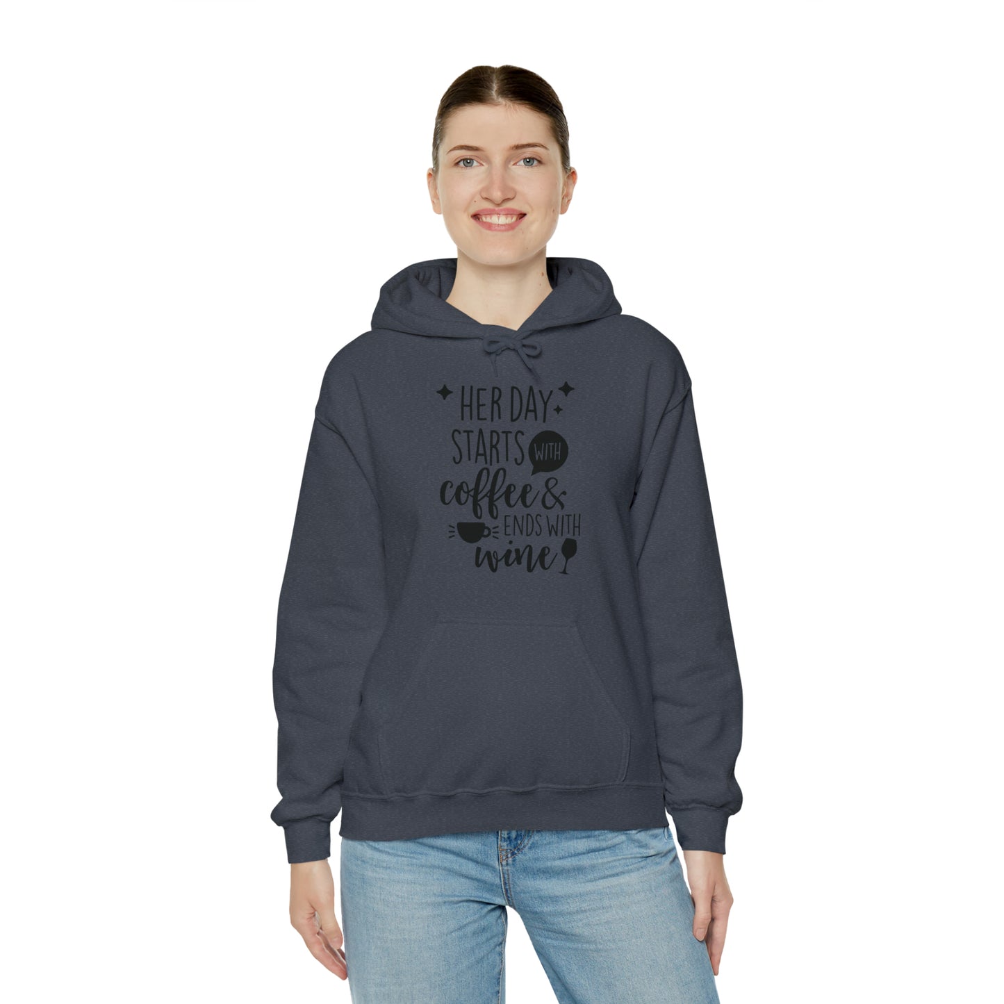 Her day starts with coffee- Unisex Heavy Blend™ Hooded Sweatshirt