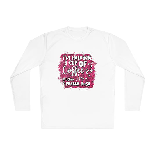 Holding a cup of coffee- Unisex Lightweight Long Sleeve Tee