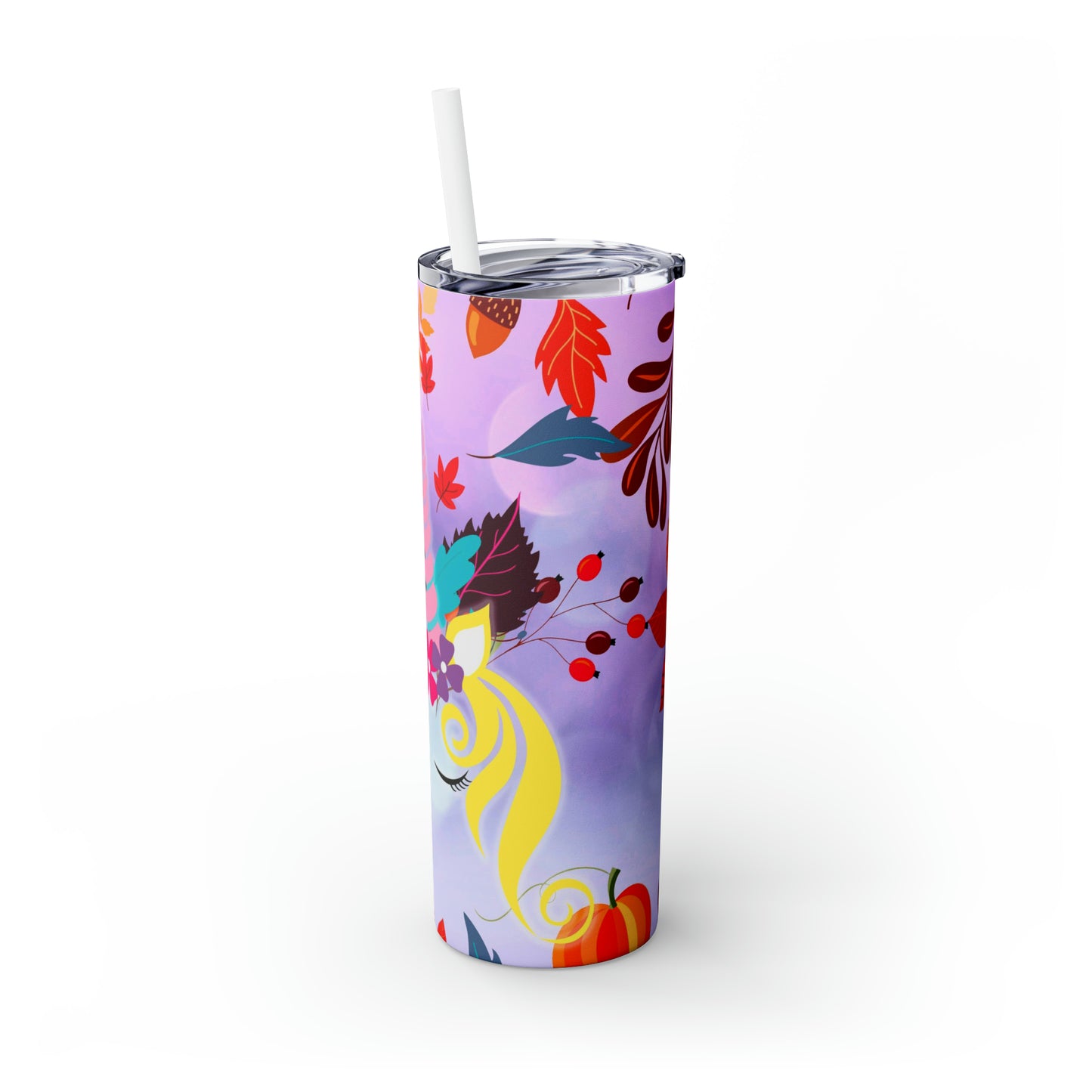 Purple Autumn Unicorn with hair- Skinny Tumbler with Straw, 20oz